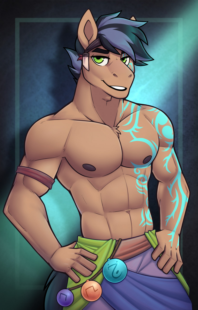 anthro blue_glow clothed clothing equid equine fcsimba green_eyes hi_res male mammal muscular nipples solo tatto tida