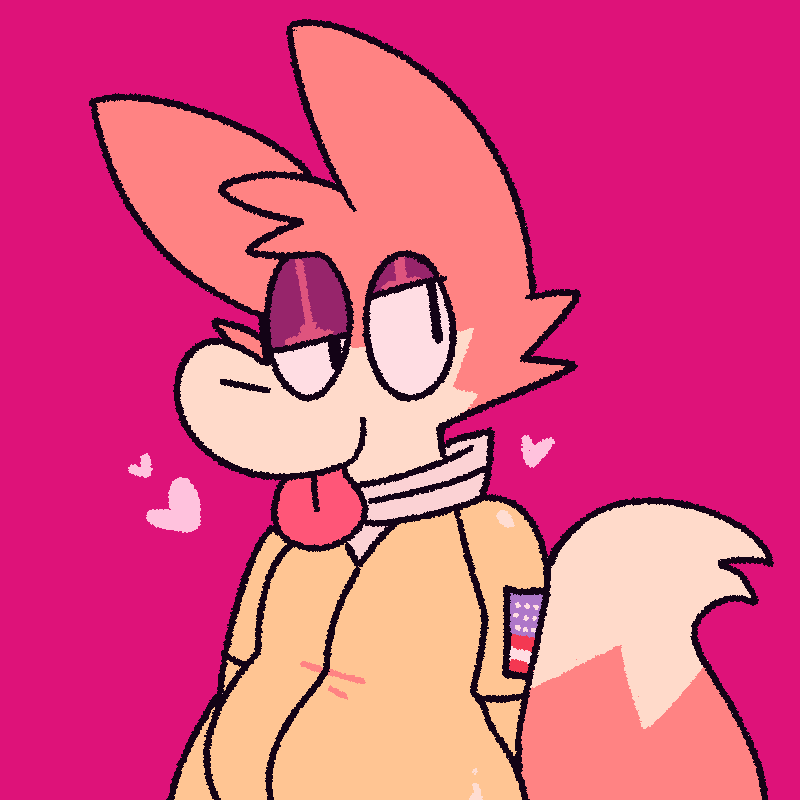 &lt;3 anthro blep canid canine eyeshadow fox half-closed_eyes makeup male mammal narrowed_eyes pink_background simple_background solo spacesuit squishy_(artist) tobi_(squishy) tongue tongue_out