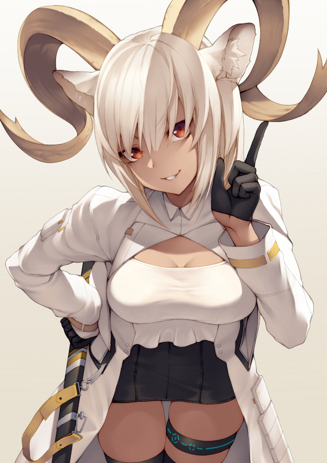1girl animal_ear_fluff animal_ears arknights banned_artist black_gloves black_legwear black_skirt breasts carnelian_(arknights) cleavage coat dark-skinned_female dark_skin eyebrows_behind_hair gloves goat_ears goat_girl goat_horns gradient gradient_background hand_on_hip horns index_finger_raised infection_monitor_(arknights) kyoeiki large_breasts leaning_forward long_sleeves looking_at_viewer miniskirt open_clothes open_coat parted_lips red_eyes sheath sheathed shirt short_hair silver_hair skirt smile solo sword thigh_gap thighhighs thighlet weapon white_background white_coat white_shirt yellow_background