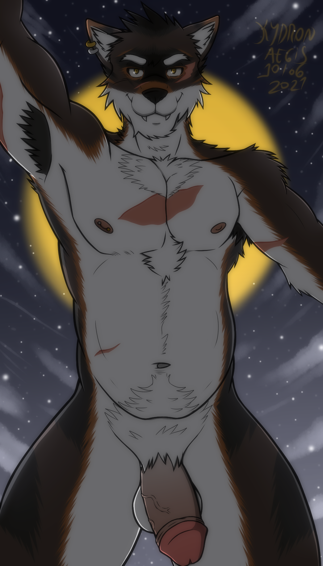 anthro armpit_hair body_hair canid canine canis duskshield eyebrows fur genitals hi_res kydron light looking_at_viewer male mammal moonlight night nipple_piercing nipples penis piercing pose pubes raised_arm slightly_chubby smile solo wolf