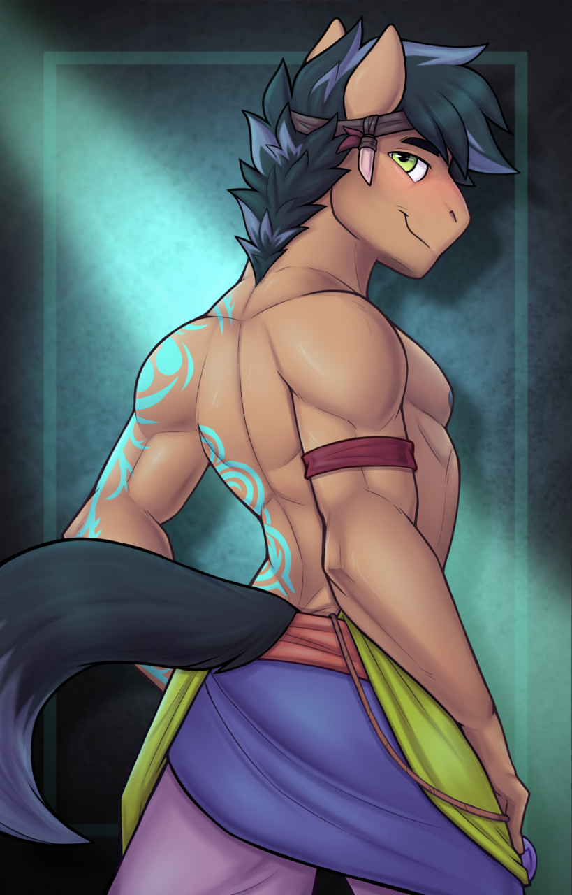 anthro blue_glow butt_pose clothed clothing equid equine fcsimba green_eyes hi_res horse looking_at_viewer male mammal muscular pony pose solo tatto tida