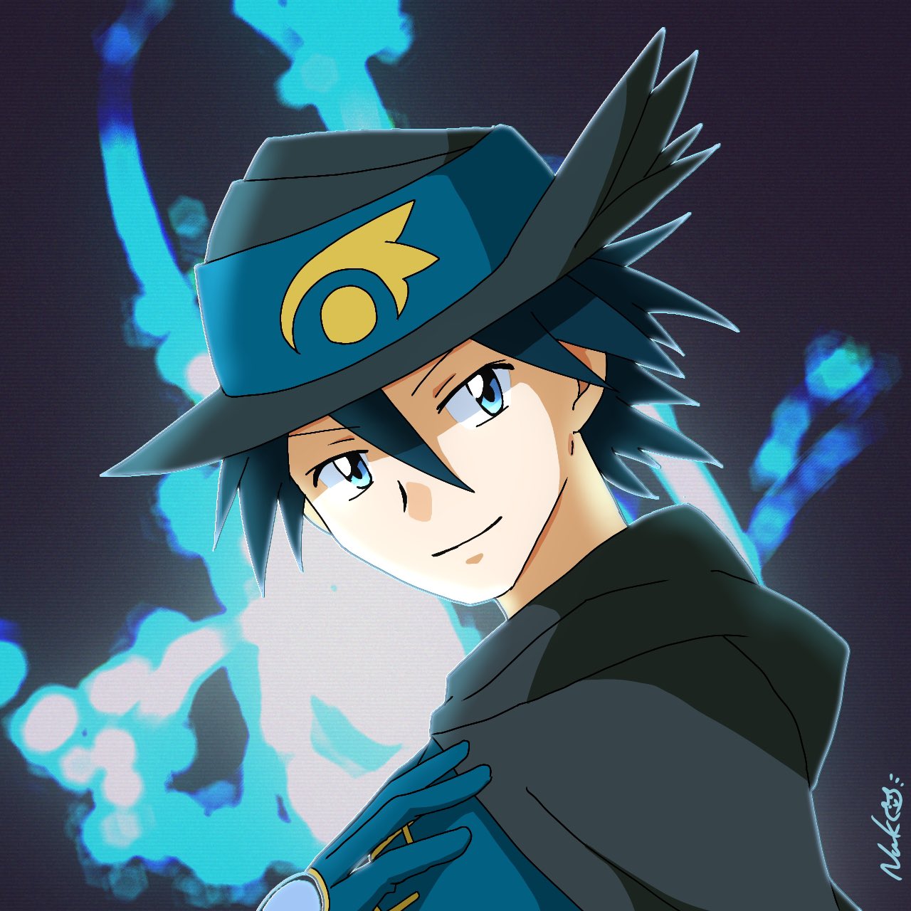 1boy bangs black_cape black_hair black_headwear blue_eyes blue_gloves cape closed_mouth commentary_request gloves hair_between_eyes hand_up hat hat_ribbon highres looking_back male_focus nuko_(87stw) pokemon pokemon_(anime) pokemon_m08 pokemon_rse_(anime) ribbon short_hair signature sir_aaron smile solo spiked_hair upper_body