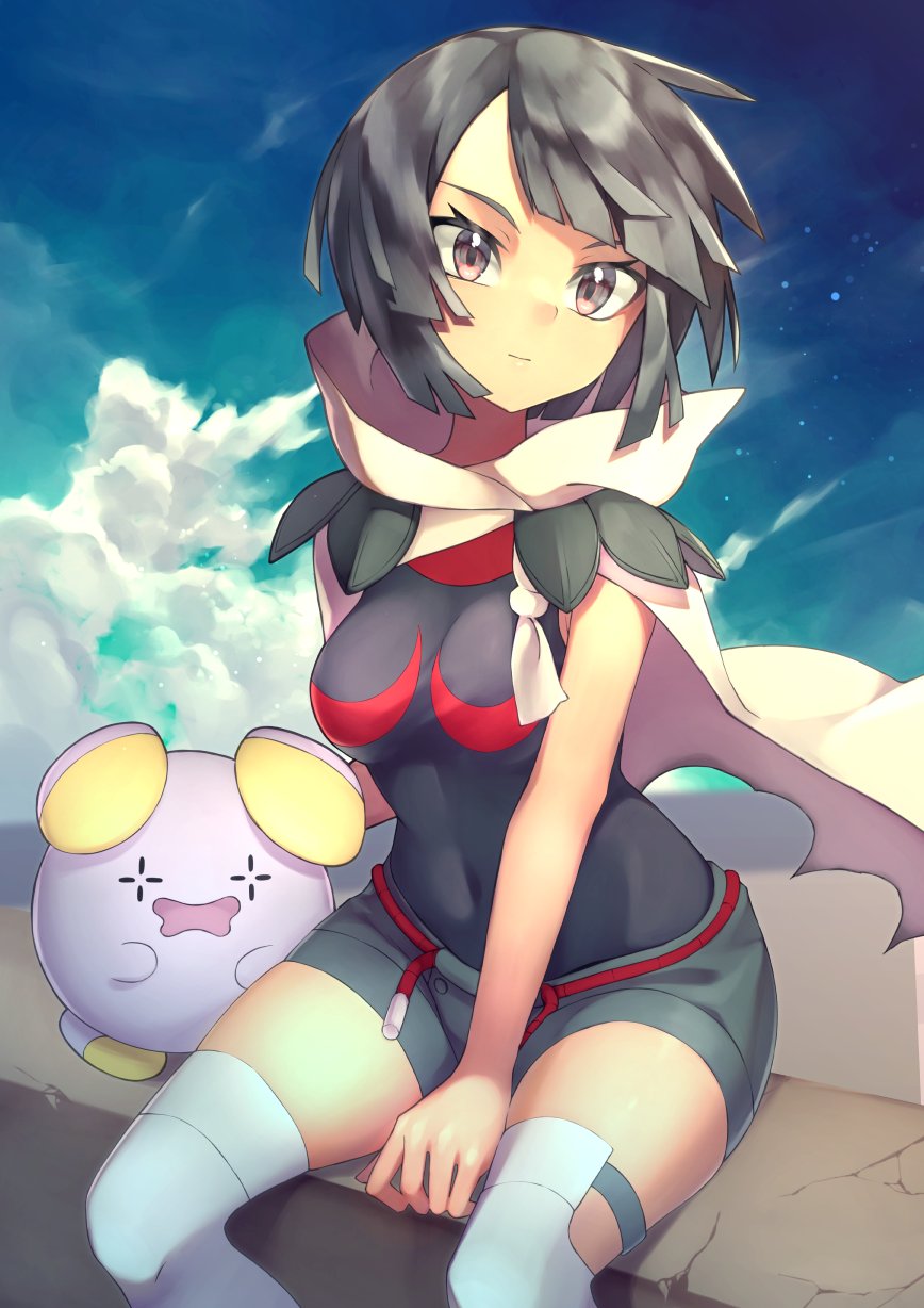 1girl belt black_hair black_shirt breasts cloak closed_mouth cloud commentary_request covered_navel day grey_legwear grey_shorts highres outdoors pokemon pokemon_(creature) pokemon_(game) pokemon_oras red_belt rindoriko rope_belt shirt short_hair short_shorts shorts sitting sky thighhighs whismur zinnia_(pokemon)