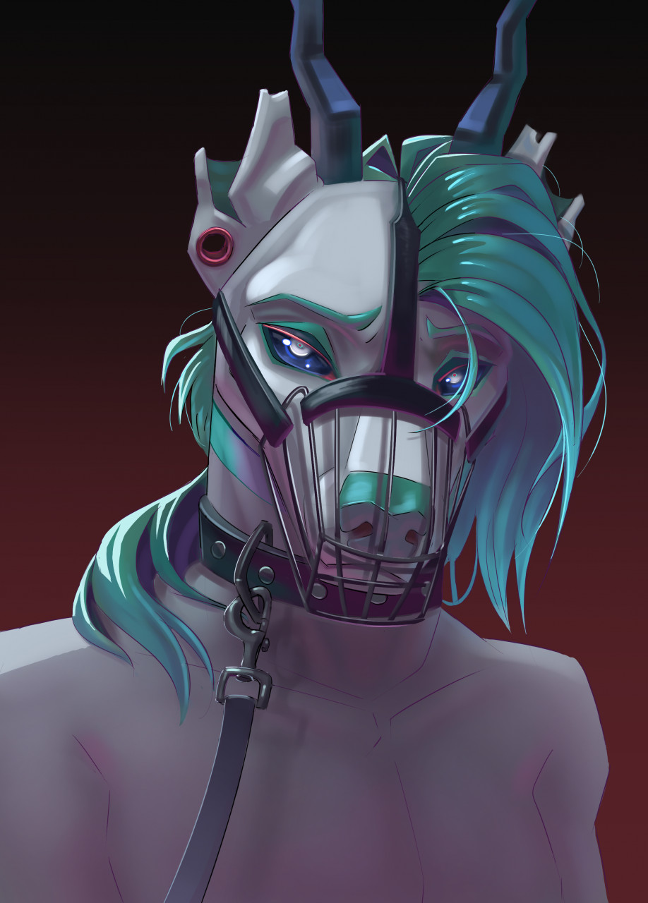 aeon-a302h311_(character) android antennae_(anatomy) anthro bdsm blue_eyebrows blue_eyes blue_eyeshadow blue_hair blue_nose blue_sclera bondage bound canid canine chimera collar collarbone docked_ears ear_piercing eyebrows eyeshadow fur gradient_background hair headshot_portrait hi_res leather_straps looking_at_viewer machine makeup male mammal membrane_(anatomy) muzzle_(object) muzzled notched_ear orange_membrane piercing portrait restraints robot sad shoulder_length_hair simple_background solo tephydo white_body white_eyes white_fur