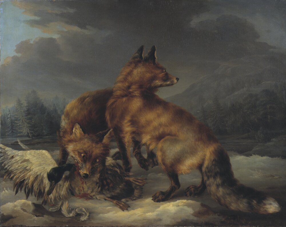 19th_century ambiguous_gender ancient_furry_art avian bird bite blood blood_on_mouth bodily_fluids brown_body brown_fur canid canine carl_fredrik_kioerboe dark_body dark_fur death detailed_background digitigrade dipstick_tail feathered_wings feathers feral fox fur group landscape leg_markings mammal markings membrane_(anatomy) nude oil_painting_(artwork) outside painting_(artwork) paws predator/prey public_domain quadruped red_fox socks_(marking) storm_clouds tail_markings traditional_media_(artwork) trio violence webbed_feet wings