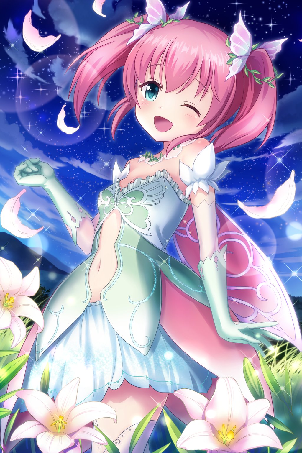 1girl alternative_girls bow butterfly_hair_ornament eyebrows_visible_through_hair flower gloves grass green_eyes green_gloves hair_ornament highres looking_at_viewer mano_sakurako night night_sky official_art one_eye_closed petals pink_hair skirt sky solo star_(sky) starry_sky twintails