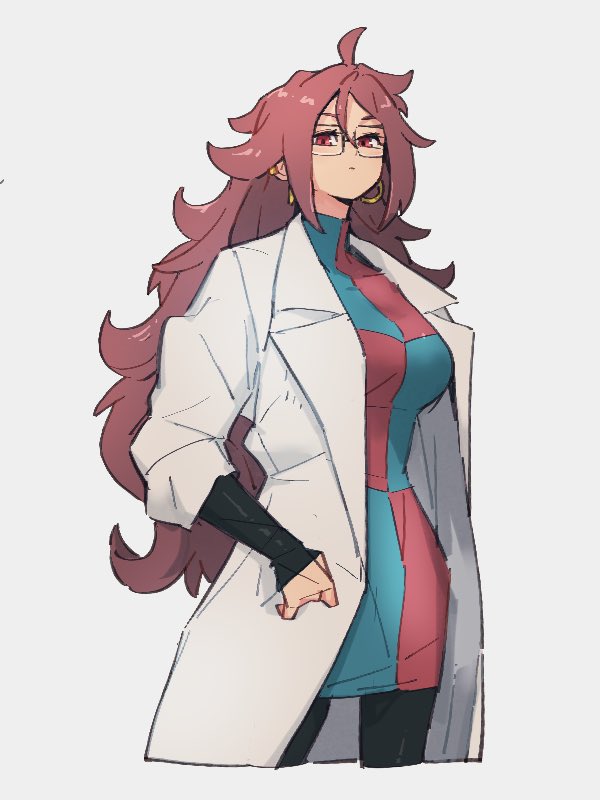 1girl android_21 checkered_clothes checkered_dress closed_mouth dragon_ball dragon_ball_fighterz dress earrings glasses grey_background hair_between_eyes hoop_earrings jewelry kemachiku labcoat long_hair looking_at_viewer red_eyes red_hair simple_background solo