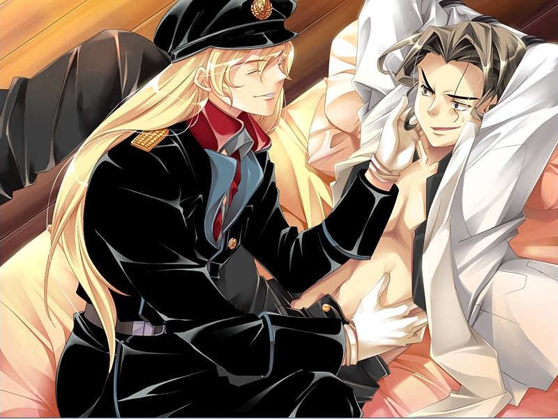 2boys absolute_obedience_(game) bdsm bed blonde_hair bondage bound eyes_closed gloved long_hair louise_hardwick male male_focus multiple_boys open_clothes open_shirt shirt smirk spread_legs sweatdrop tied tied_up uniform werner_herzog yaoi zettai_fukuju_meirei