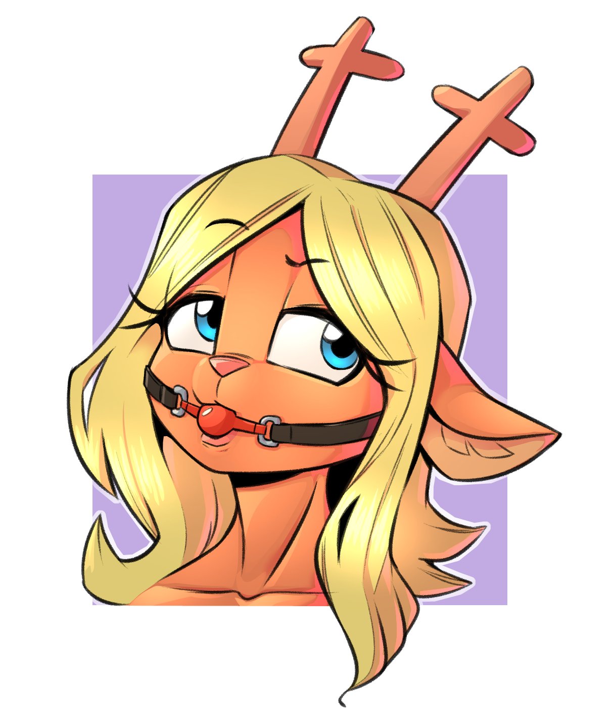 2021 anthro antlers ball_gag blonde_hair blue_eyes capreoline cervid deltarune female gag gagged hair headshot_portrait hi_res horn looking_aside mammal noelle_holiday nude portrait qrog reindeer solo undertale_(series) video_games