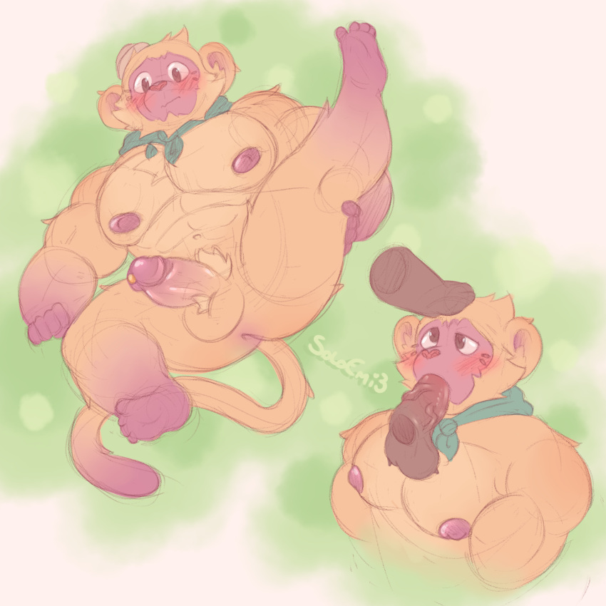 anal anthro bara_tiddies blush humanoid kinkajou male male/male mammal muscular oral procyonid shy solo soloemi3 submissive vivo_(pixar)