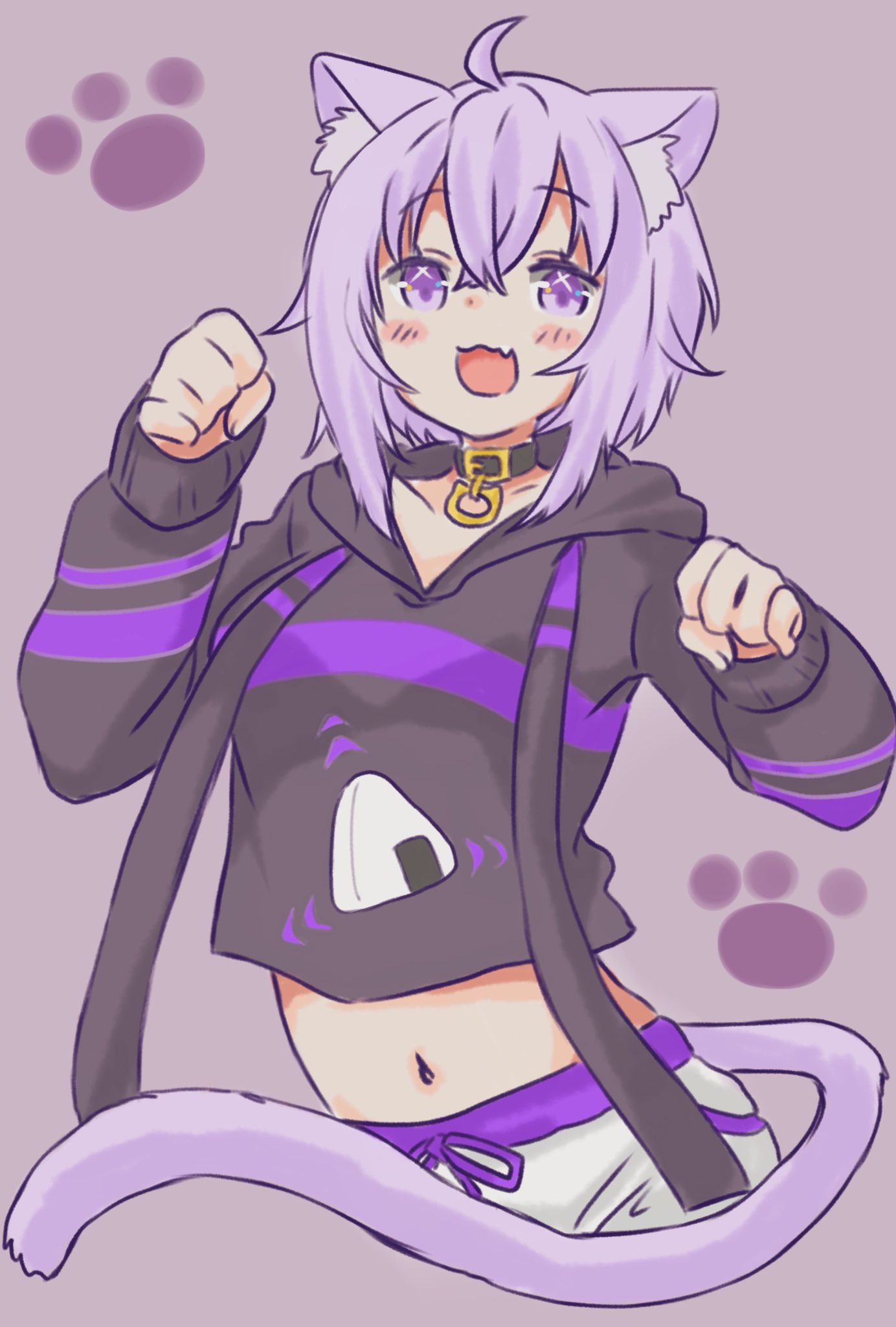 1girl :3 ahoge animal_ear_fluff animal_ears black_collar black_hoodie cat_ears cat_girl cat_tail collar commentary_request highres hololive hood hoodie mayoineko midriff navel nekomata_okayu onigiri_print open_mouth pants purple_eyes purple_hair short_hair smile solo tail virtual_youtuber white_pants