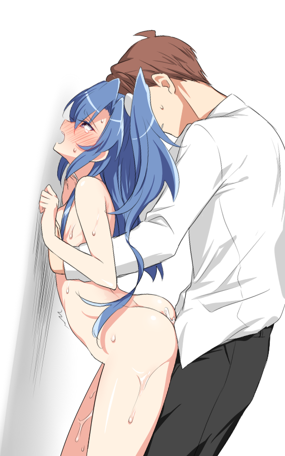 1boy 1girl against_wall ass bangs blue_hair blush breasts brown_hair clothed_male_nude_female collared_shirt hetero kazanari_tsubasa lanlanlap long_hair long_sleeves nude ogawa_shinji_(symphogear) open_mouth purple_eyes pussy_juice senki_zesshou_symphogear sex sex_from_behind shiny shiny_hair shirt short_hair side_ponytail small_breasts standing standing_sex sweat tears vaginal white_shirt