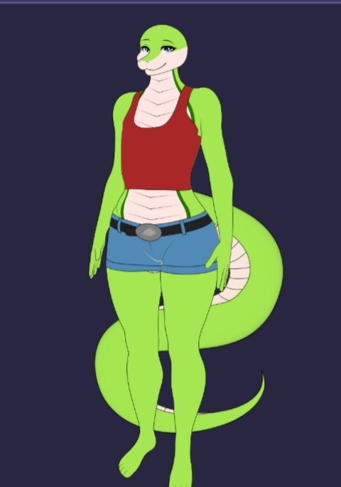 anthro bald barefoot blue_eyes boa_(snake) boinae bottomwear clothing emerald_tree_boa feet feminine_body girly green_body green_scales humanoid lewis_(tacomeister) male reptile scales scalie shirt shorts smile snake solo submissive tank_top thick_thighs topwear white_body white_scales wide_hips young_adult