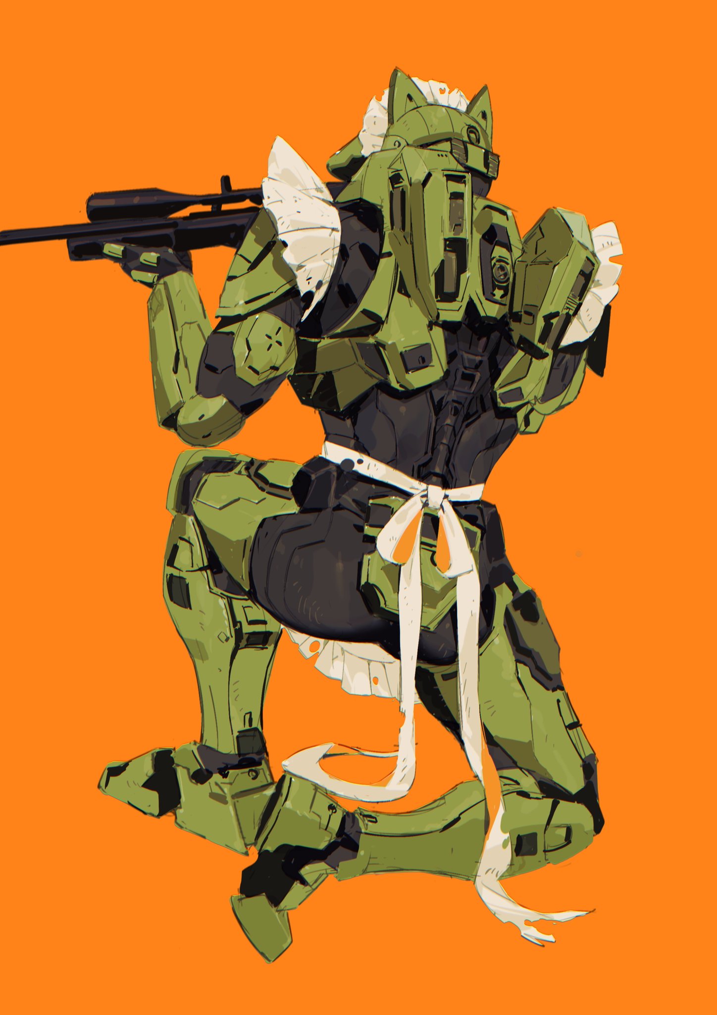 1boy aiming apron english_commentary from_behind gun halo_(series) helmet highres holding holding_gun holding_weapon maid_apron maid_headdress male_focus master_chief one_knee orange_background power_armor rifle science_fiction sniper_rifle solo spartan_(halo) squatting taocan_shisi_hao weapon