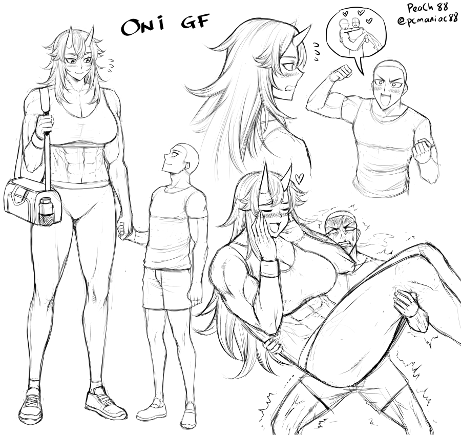 1boy 1girl bangs blush carrying height_difference holding_hands horns long_hair muscular muscular_female oni oni_horns original peach_(momozen) princess_carry short_hair sidelocks sketch very_long_hair very_short_hair wavy_hair