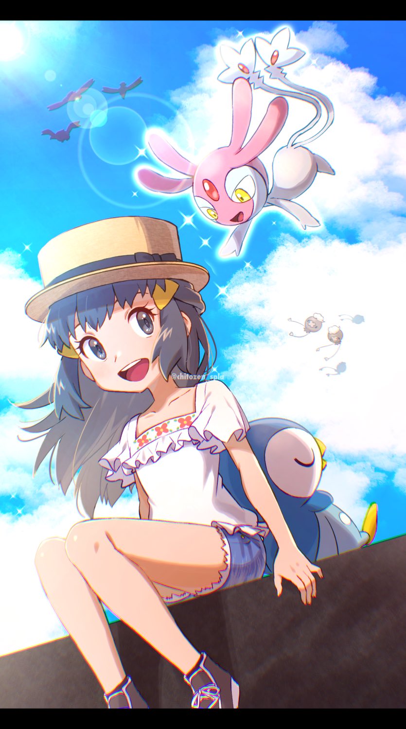 1girl :d black_hair brown_headwear chitozen_(pri_zen) cloud commentary_request dawn_(pokemon) day denim denim_shorts drifloon eyelashes frills from_below grey_eyes hair_ornament hairclip happy hat hat_ribbon highres letterboxed long_hair mesprit open_mouth outdoors piplup pokemon pokemon_(creature) pokemon_(game) pokemon_bdsp ribbon shirt shoes short_sleeves shorts sidelocks sitting sky smile sneakers sparkle teeth tongue twitter_username upper_teeth watermark white_shirt wingull