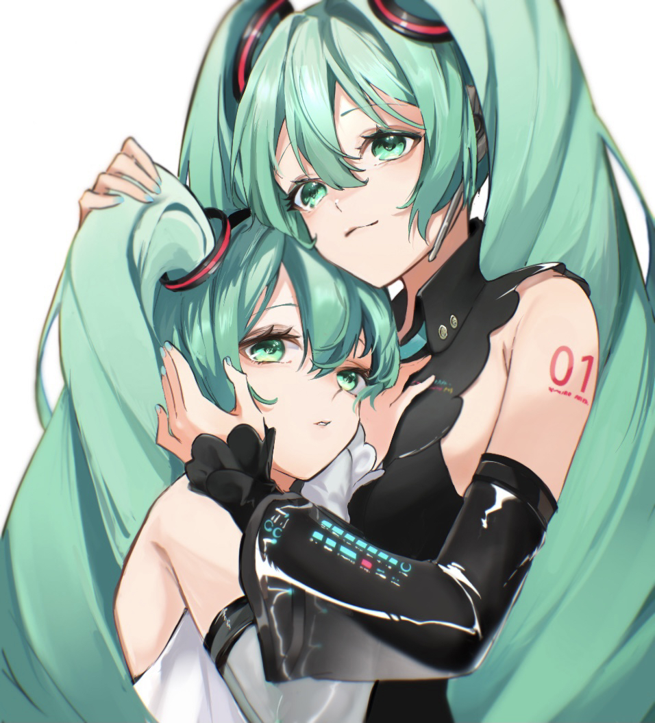 2girls :3 aqua_eyes aqua_hair aqua_nails aqua_necktie bangs bare_shoulders blurry closed_mouth depth_of_field detached_sleeves dual_persona eyelashes flat_chest green_eyes green_hair hand_on_another's_chest hand_on_another's_face hand_on_another's_head hands_up hatsune_miku headset hug layered_sleeves long_hair looking_at_viewer multiple_girls necktie parted_lips ring_hair_ornament see-through_sleeves simple_background smile twintails upper_body vocaloid white_background yukihira_makoto