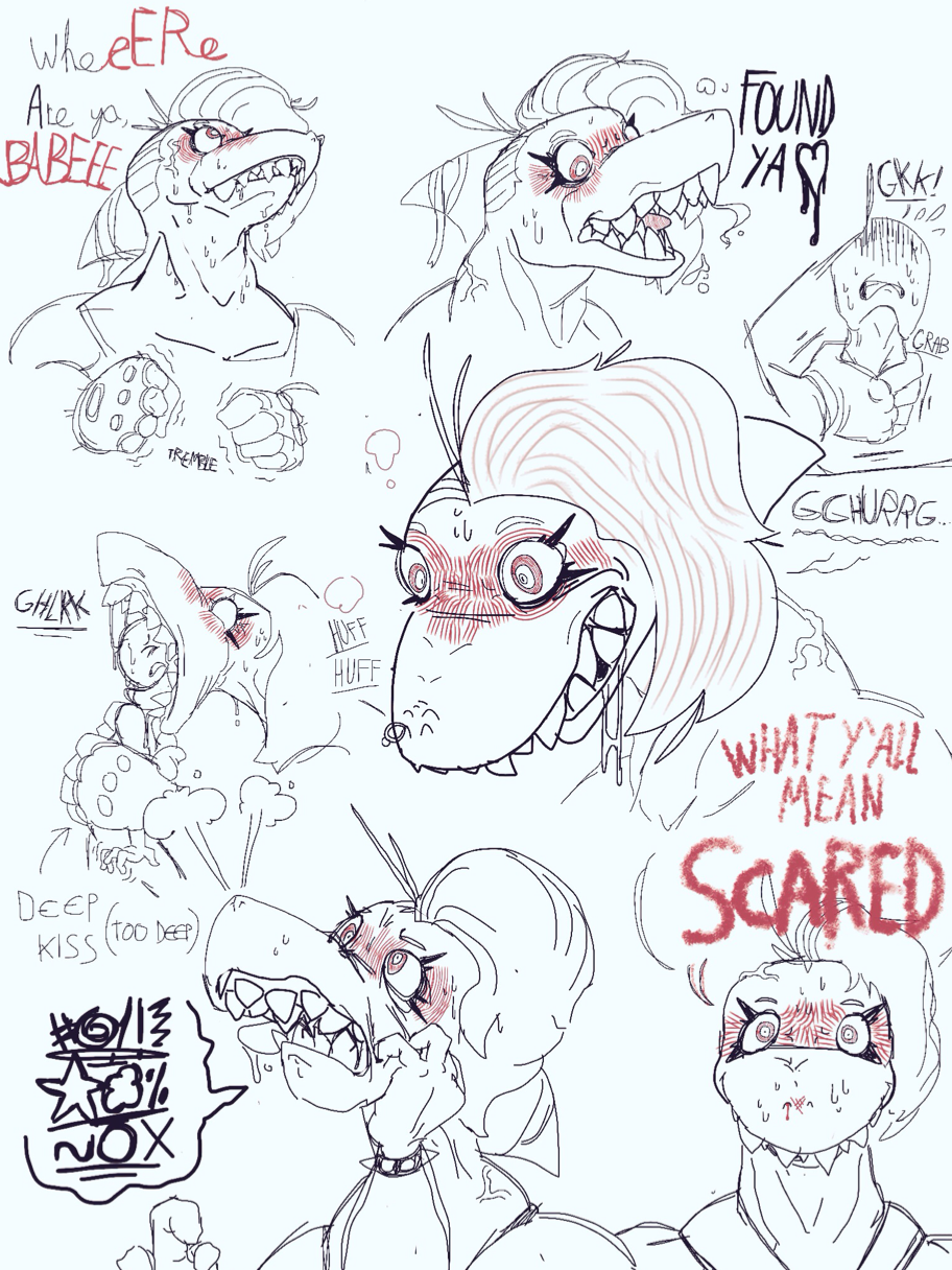 2020 3:4 anthro bandage biceps blush bodily_fluids breath bust_portrait conadolpomp conadolpomp_(artist) crazy_eyes dialogue digital_drawing_(artwork) digital_media_(artwork) duo english_text eyebrows eyelashes facial_piercing female fish head_in_mouth hi_res insane joanne_maple_(conadolpomp) looking_at_viewer male marine model_sheet multiple_images muscular muscular_female nose_piercing nose_ring panting piercing portrait punk_hair restricted_palette shaking shark sharp_teeth size_difference sketch smaller_male smile story story_in_description strangling sweat sweatdrop teeth text trapezius trembling vein wingdings yandere
