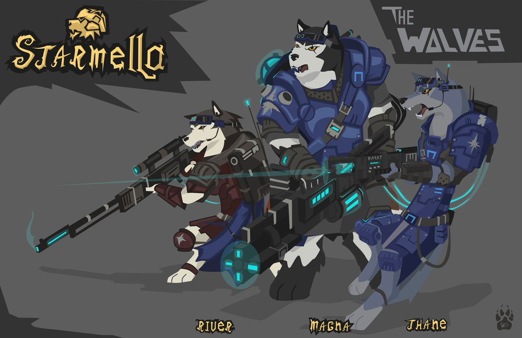 2017 anthro armello armor biped canid canine canis clothed clothing crouching female fully_clothed grey_background group gun knee_pads machine_gun magna_(armello) male mammal ranged_weapon rifle river_(armello) scope simple_background sniper_rifle standing thane_(armello) video_games weapon wolf wolfdawg