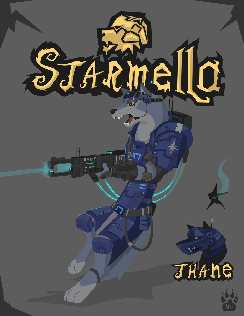 2017 anthro armello armor biped canid canine canis clothed clothing eyewear fully_clothed goggles grey_background gun hi_res knee_pads laser_gun male mammal open_mouth ranged_weapon simple_background solo teeth thane_(armello) video_games weapon wolf wolfdawg