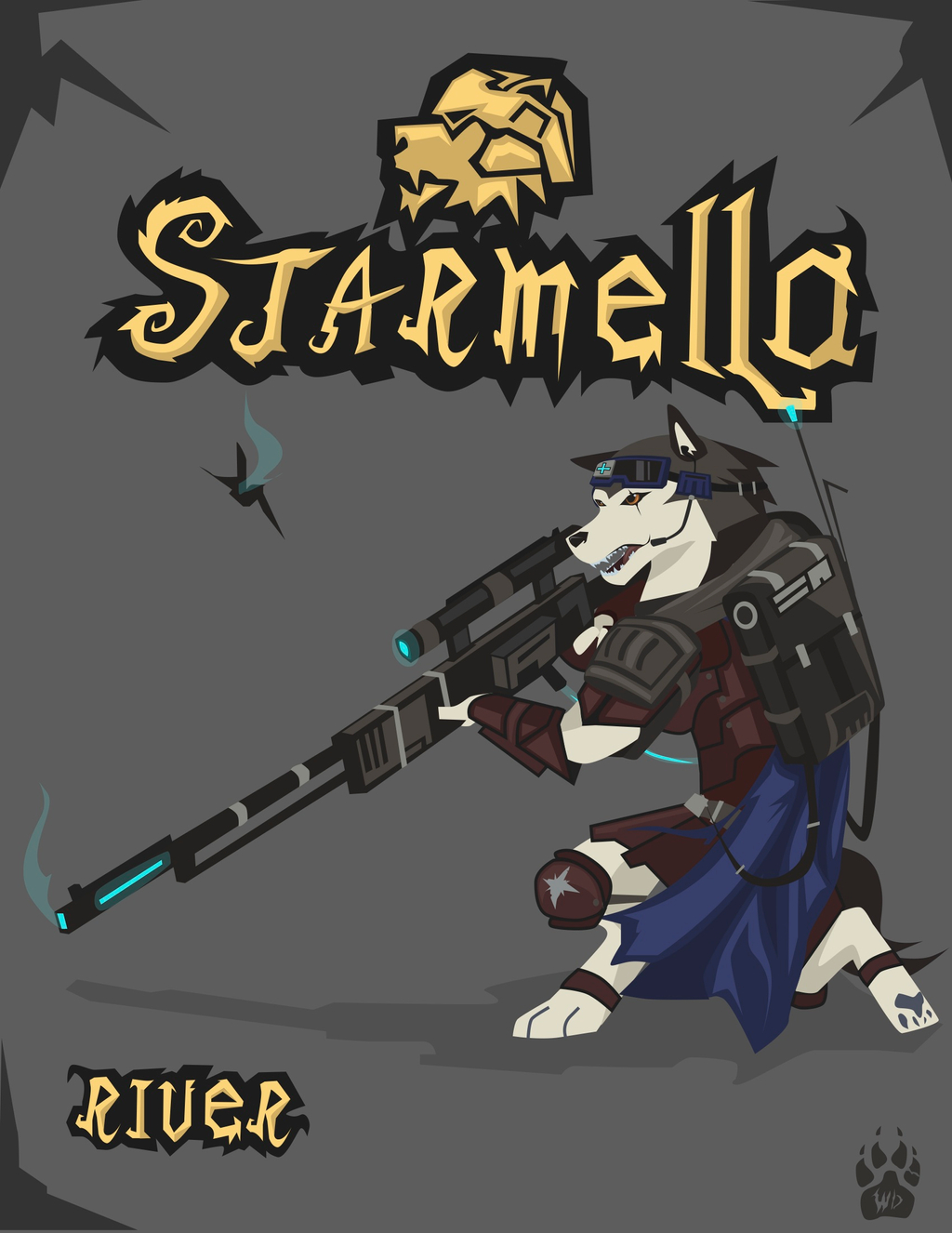 2017 anthro armello armor biped canid canine canis cape clothed clothing female fully_clothed grey_background gun hi_res knee_pads kneeling mammal ranged_weapon rifle river_(armello) scope simple_background sniper_rifle solo video_games visor weapon wolf wolfdawg