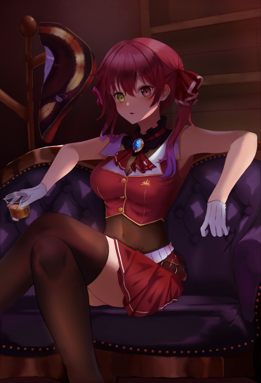 1girl arm_rest ascot bangs bare_shoulders black_legwear breasts cleavage coat_rack couch covered_navel cropped_vest crossed_legs cup drinking_glass feet_out_of_frame gloves hair_ribbon hat hat_removed headwear_removed heterochromia highres holding holding_cup hololive hosisora03 houshou_marine long_hair looking_ahead medium_breasts no_jacket on_couch parted_lips pleated_skirt red_eyes red_hair red_skirt ribbon shelf sitting skirt solo thighhighs twintails vest virtual_youtuber white_gloves yellow_eyes zettai_ryouiki