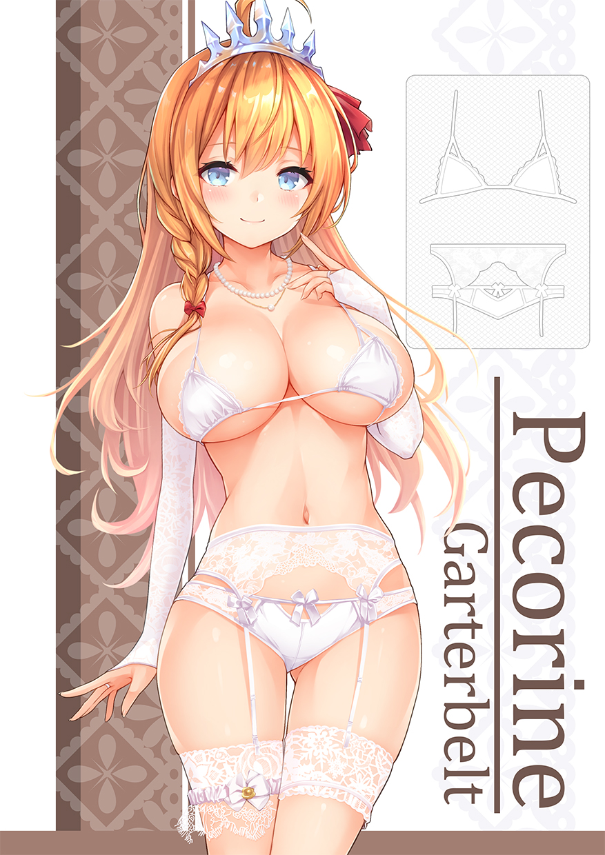 1girl ahoge bangs blue_eyes blush bra braid breasts cleavage elbow_gloves eyebrows_visible_through_hair garter_belt garter_straps gloves hair_between_eyes hair_ornament hair_ribbon harino646 highres jewelry large_breasts long_hair looking_at_viewer navel necklace orange_hair panties pecorine_(princess_connect!) princess_connect! red_ribbon ribbon sheer_legwear smile solo thighhighs tiara underwear very_long_hair white_bra white_panties