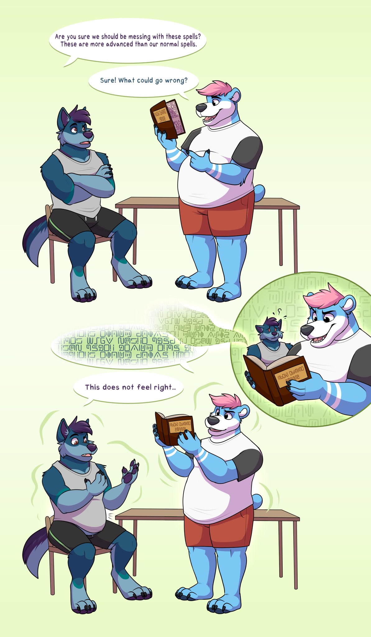 anthro belly big_belly blue_body blue_fur book canid canine canis chair clothing dialogue duo exposed_belly fur furniture hair hi_res looking_at_self magic magic_user male male/male mammal muscular obese obese_anthro obese_male overweight overweight_anthro overweight_male pink_hair purple_hair series shikakaka shirt simple_background speech_bubble tank_top topwear torn_clothing toza ursid weight_gain wolf yukon