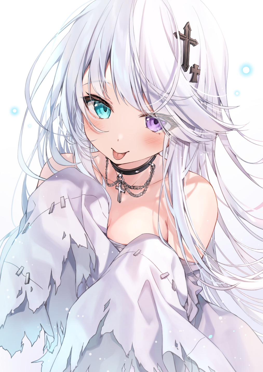 1girl :o :p aqua_eyes bangs bare_shoulders black_choker blue_eyes blush breasts chain choker cleavage cross cross_choker cross_hair_ornament dress ghost_pose hair_flaps hair_ornament hair_over_one_eye hands_up heterochromia highres jewelry kakao_rantan light_particles long_hair long_sleeves looking_at_viewer off-shoulder_dress off_shoulder original pendant purple_eyes simple_background sleeves_past_fingers sleeves_past_wrists solo symbol-only_commentary tongue tongue_out torn_clothes torn_dress torn_sleeves upper_body white_background white_dress white_hair wide_sleeves