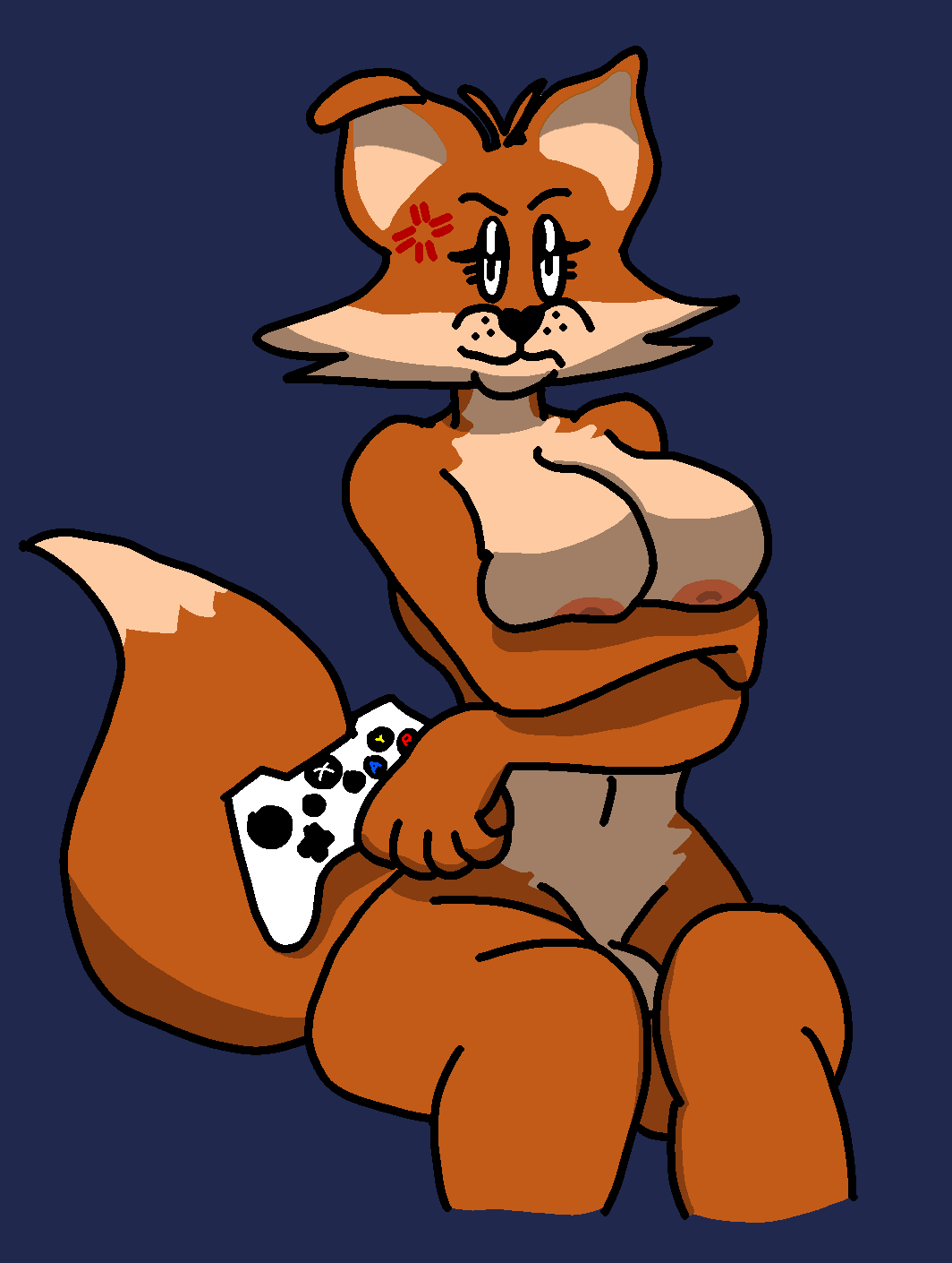 anthro big_breasts breasts canid canine controller covering covering_self cross-popping_vein female fox game_controller genitals gynomorph hi_res intersex karen_the_fox_(mexicommie) mammal mexicommie microsoft penis red_fox solo trans_(lore) trans_woman_(lore) video_games visible_nipples wide_hips xbox xbox_controller xbox_game_studios