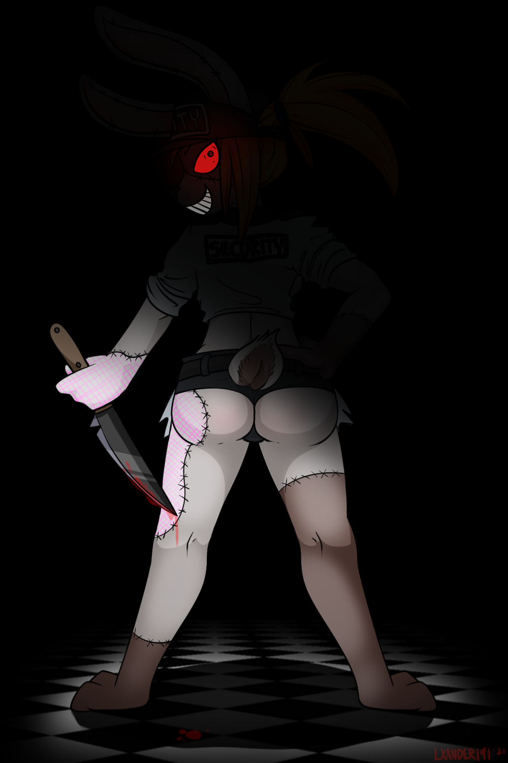 anthro blood bodily_fluids bottomwear butt clothing female five_nights_at_freddy's five_nights_at_freddy's:_security_breach glowing glowing_eyes hi_res hotpants knife lagomorph leporid lxander191 mammal patch_(fabric) patchwork_creature rabbit scottgames security_guard shadow shorts smile solo vanny_(fnaf) video_games