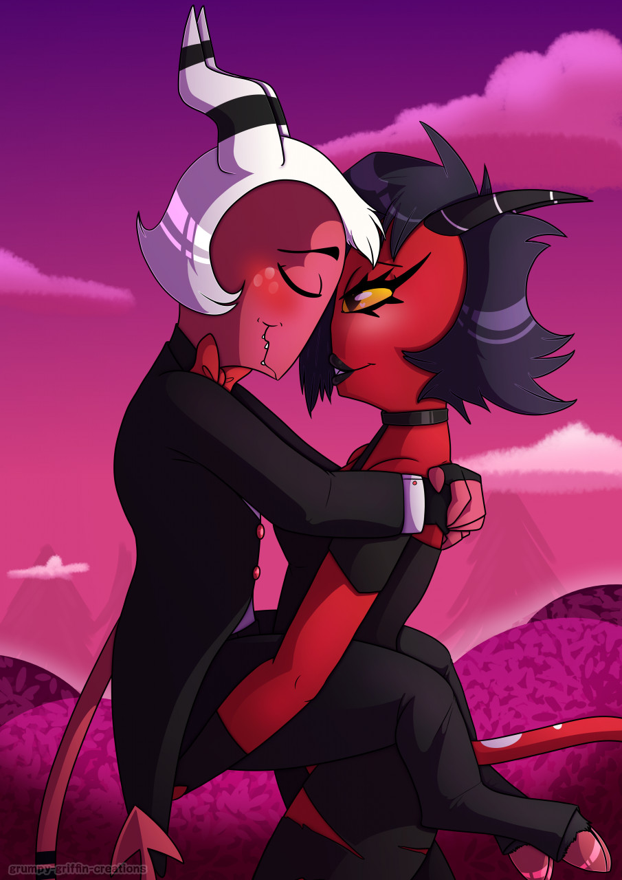 2021 black_hair blush bottomwear breasts clothed clothing demon digital_media_(artwork) dominant dominant_female duo female grumpy_griffin_creations hair helluva_boss hi_res holding_other horn humanoid imp male male/female millie_(helluva_boss) moxxie_(helluva_boss) not_furry red_body red_skin simple_background smile spade_tail standing submissive submissive_male topwear white_hair yellow_sclera