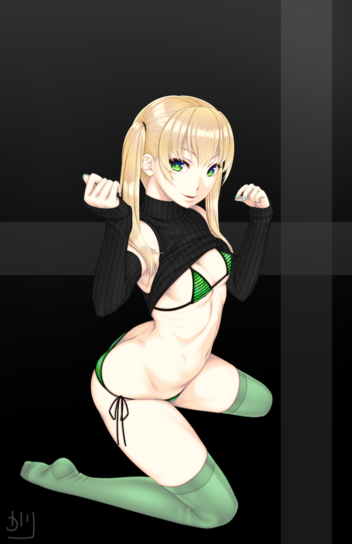 1girl aqua_nails bikini black_bra black_sweater blonde_hair bra breasts cleavage covered_nipples dated detached_sleeves green_bra green_eyes green_legwear looking_at_viewer multicolored_bra multicolored_clothes nail_polish navel original osafune_kairi photoshop_(medium) ribbed_sweater side-tie_bikini sleeveless sleeveless_turtleneck small_breasts smile solo striped striped_bikini striped_bra sweater swimsuit thighhighs turtleneck twintails underwear