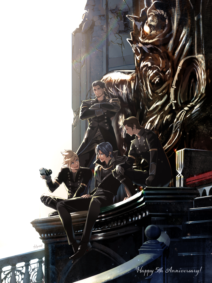 4boys anniversary beard black_hair blonde_hair brown_hair cape commentary english_commentary facial_hair final_fantasy final_fantasy_xv formal gladiolus_amicitia gloves hinoe_(dd_works) ignis_scientia kingsglaive_garb looking_at_another male_focus multiple_boys noctis_lucis_caelum prompto_argentum revision sitting smile spiked_hair stairs standing statue
