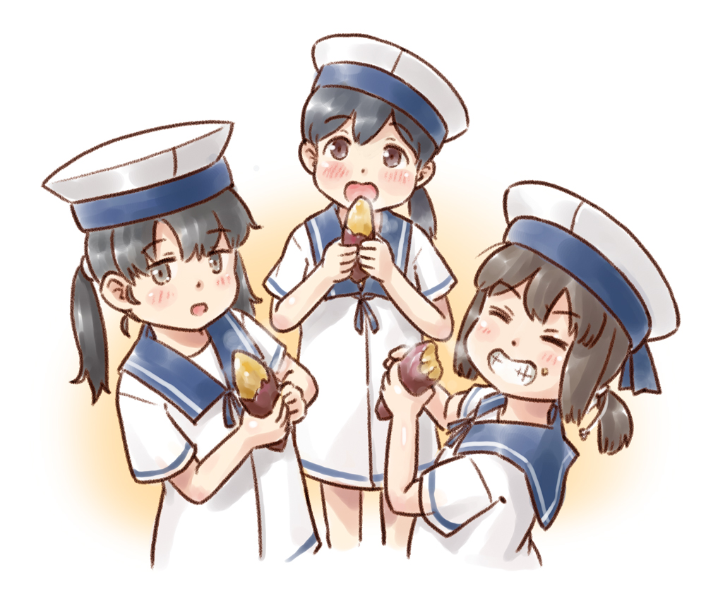 3girls black_hair blue_collar bob_cut brown_eyes closed_eyes collar commentary_request cowboy_shot daitou_(kancolle) dress eating facing_viewer feet_out_of_frame food grin hat hiburi_(kancolle) kantai_collection karasu_(naoshow357) looking_at_viewer low_ponytail multiple_girls sailor_dress sailor_hat short_hair short_sleeves shounan_(kancolle) sidelocks smile standing sweet_potato twintails white_dress white_headwear white_legwear