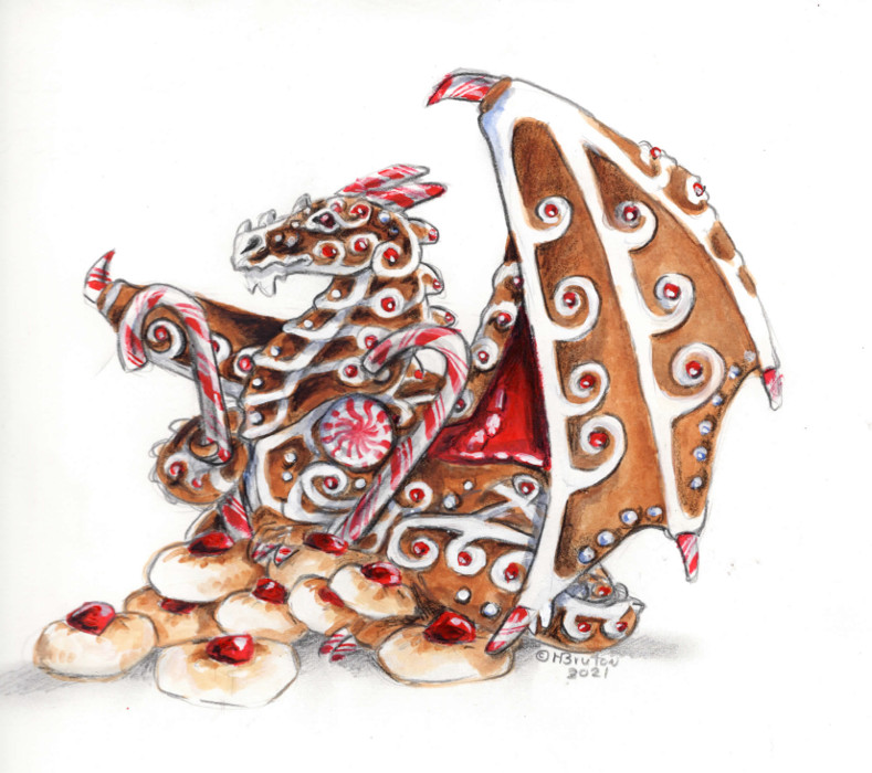 2021 ambiguous_gender brown_body brown_eyes candy candy_cane claws cookie dessert dragon feral food food_creature gingerbread heather_bruton peppermint_(candy) red_body simple_background solo white_background white_body wing_claws