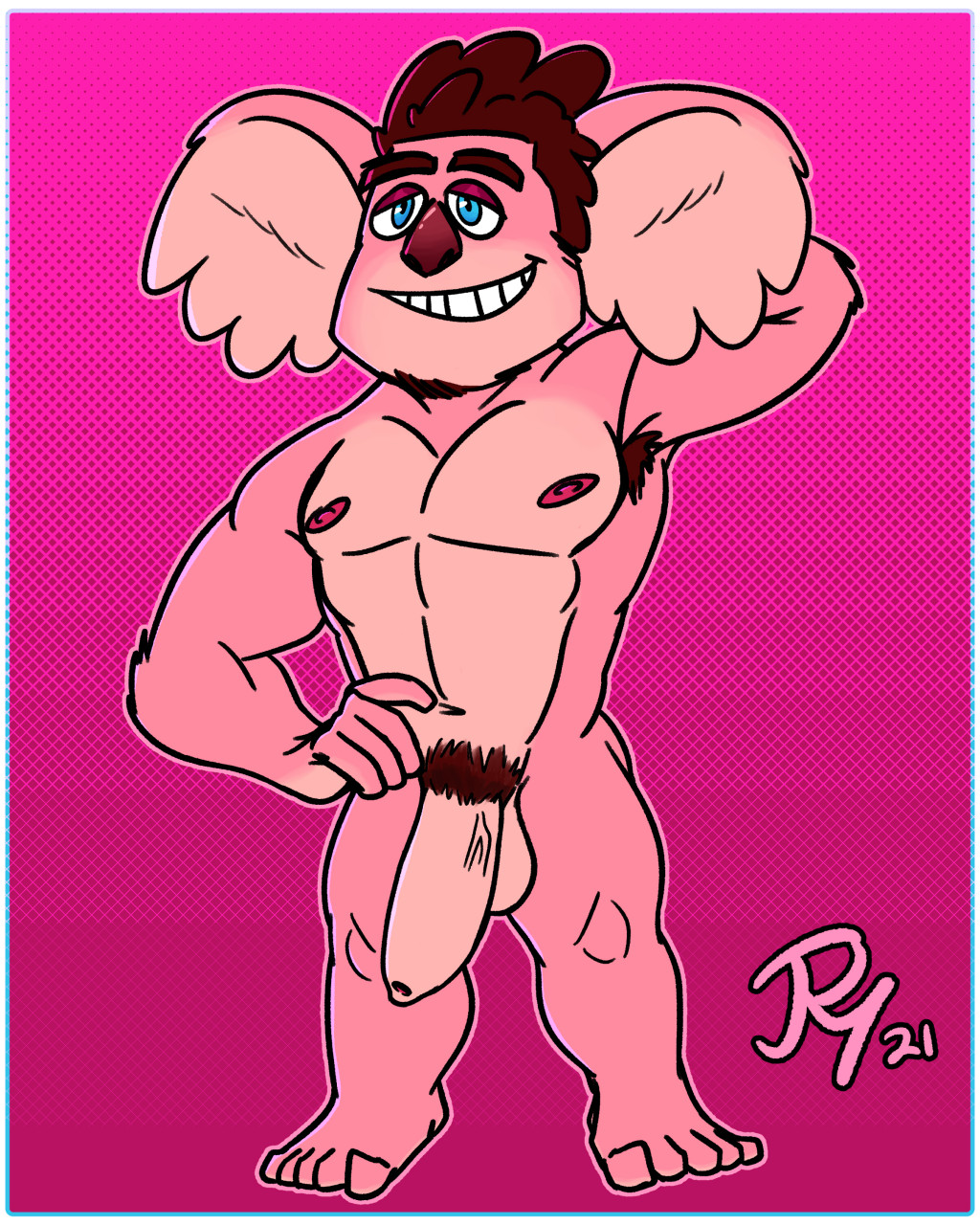 &lt;3 5_fingers 5_toes abs anonymous_artist anthro benson biceps body_hair erection feet fingers flexing foreskin fur genitals giggle hair hi_res humanoid_feet humanoid_genitalia humanoid_hands humanoid_penis koala looking_cool male mammal marsupial muscular muscular_anthro muscular_male nude penis pink_background pink_body pink_fur simple_background sneaky toes triceps tuft vombatiform