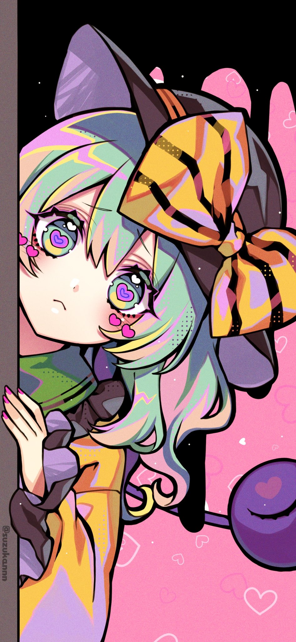 1girl :&lt; bangs black_headwear blouse blush bow commentary_request dripping eyeball frilled_sleeves frills furrowed_brow hat hat_bow hat_ribbon heart heart-shaped_pupils heart_background highres komeiji_koishi kyouda_suzuka light_green_hair medium_hair nail_polish peeking pink_background pink_nails ribbon shirt solo standing striped striped_bow symbol-shaped_pupils third_eye touhou twitter_username wide_sleeves yellow_blouse yellow_bow yellow_ribbon yellow_shirt