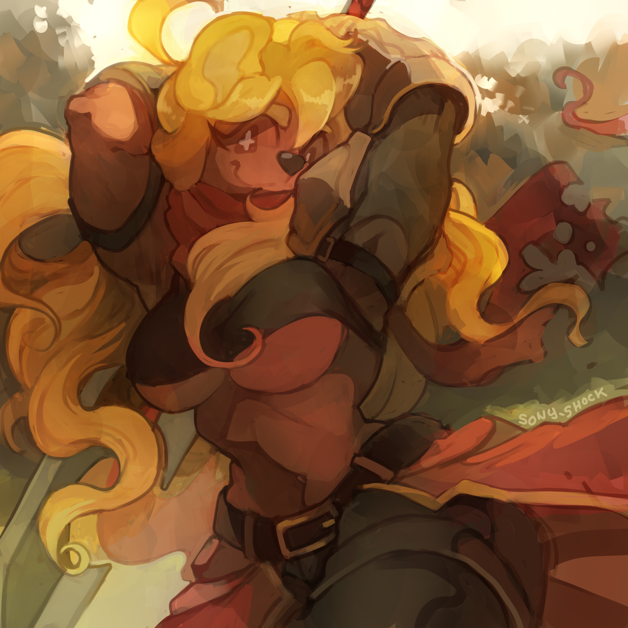 2021 ahoge anthro armband armor athletic athletic_female belt big_breasts blonde_hair bottomwear breasts brown_body brown_fur canid canine canis clothing crop_top domestic_dog female fur greaves hair holding_object holding_sword holding_weapon knight long_hair looking_at_viewer mammal melee_weapon midriff miel_gallerte_(anaugi) pants pauldron scarf shirt signature smile solo sony-shock star_eyes sword topwear under_boob warrior weapon