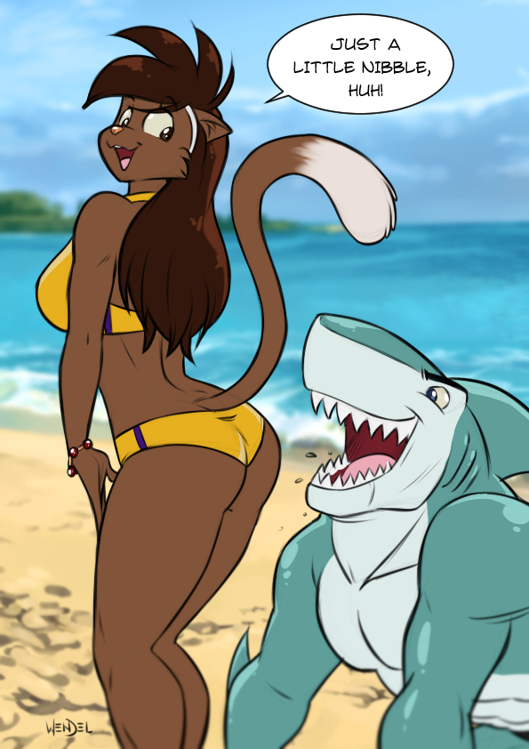 anthro beach clothing deborah_bispo dialogue domestic_cat duo felid feline felis female fish male mammal marine seaside shark wendel_fragoso