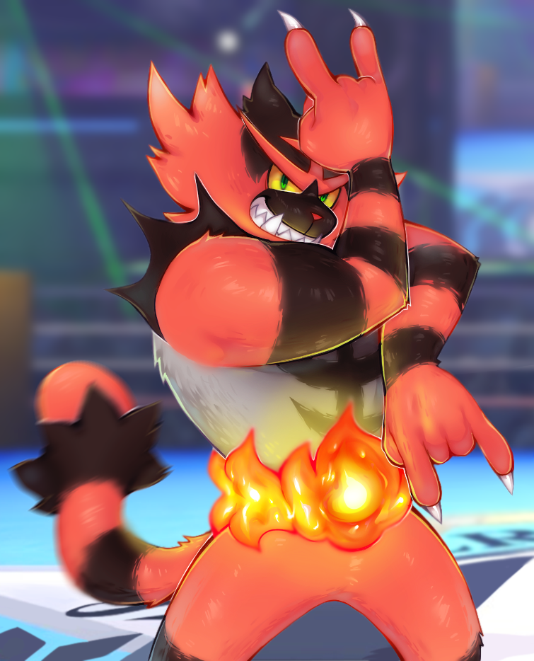 5_fingers ambiguous_gender anthro biped black_body black_fur claws fighting_ring finger_claws fingers fire fur gesture green_eyes grey_body grey_fur grin incineroar jojo's_bizarre_adventure looking_at_viewer nintendo nude pok&eacute;mon pok&eacute;mon_(species) red_body red_fur sharp_teeth smile solo teeth tesazombie video_games yellow_sclera