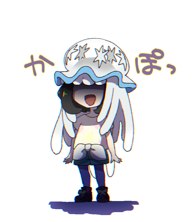 1girl :d commentary_request floral_print green_shorts medium_hair miu_(miuuu_721) nihilego on_head open_mouth pokemon pokemon_(creature) pokemon_(game) pokemon_on_head pokemon_sm selene_(pokemon) shaded_face shirt shoes short_sleeves shorts smile sneakers standing t-shirt tied_shirt tongue ultra_beast white_background