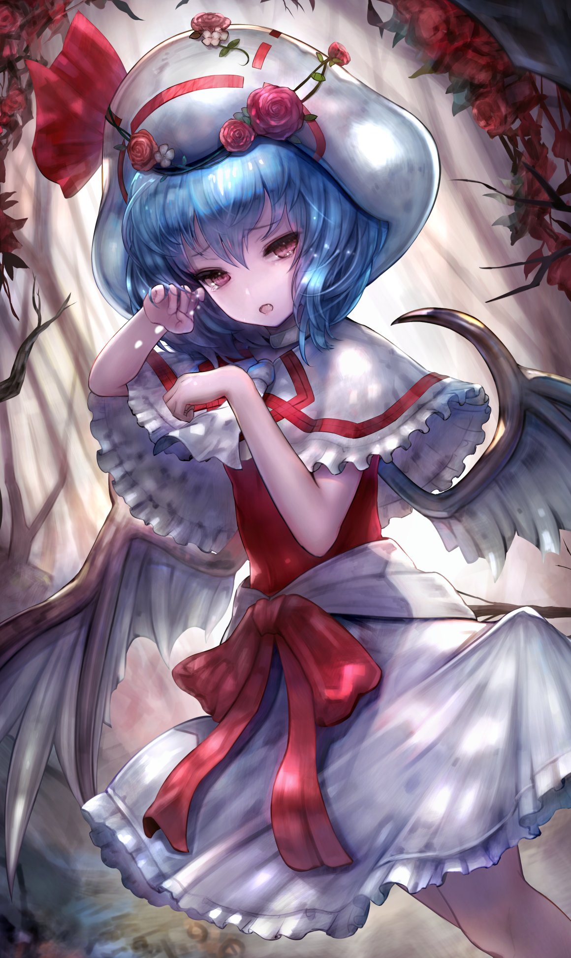 1girl bat_wings blue_hair capelet curiosities_of_lotus_asia dutch_angle feet_out_of_frame flower gougashakobo hat highres looking_at_viewer medium_hair open_mouth pink_eyes red_flower remilia_scarlet rose solo standing touhou wings