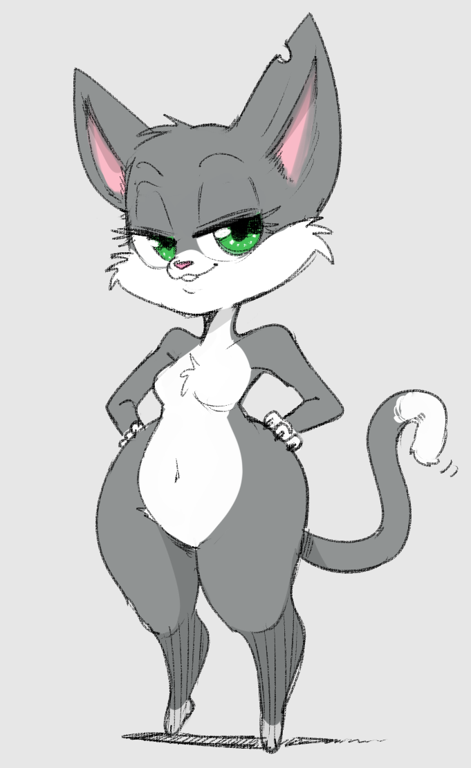 animaniacs anthro baby_(svtfoe) breasts chest_tuft claws dbaru disney domestic_cat featureless_breasts featureless_crotch felid feline felis female fur green_eyes grey_background grey_body grey_fur lidded_eyes mammal navel notched_ear parody pink_nose rita_(animaniacs) short_stack simple_background small_breasts solo star_vs._the_forces_of_evil thick_thighs tuft warner_brothers white_body white_fur wide_hips