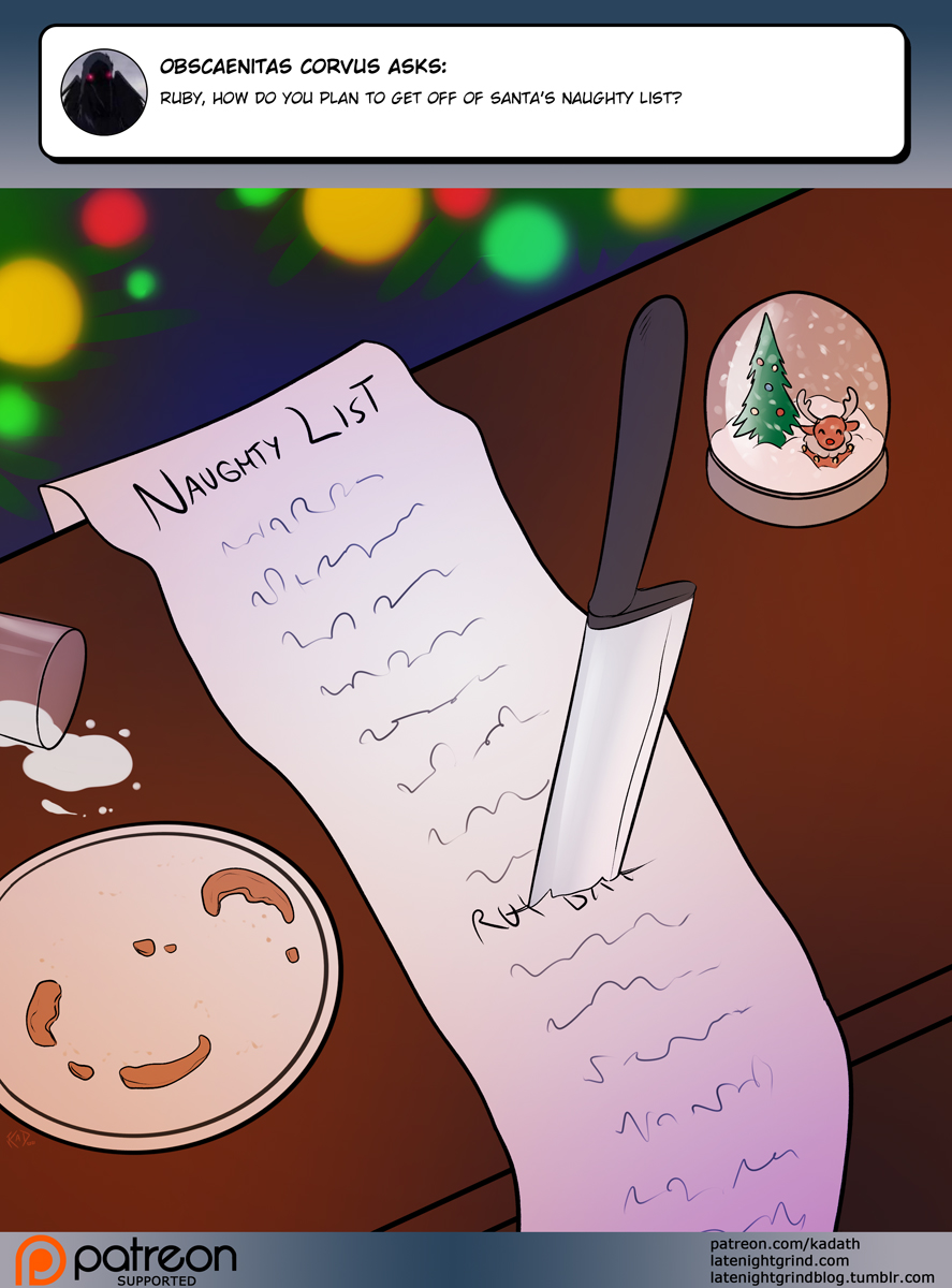 2021 ask_blog christmas christmas_lights comic conditional_dnp cookie digital_media_(artwork) english_text food furniture half_eaten_food hi_res holidays kadath knife milk naughty_list not_furry paper plate snow_globe table text threat url zero_pictured