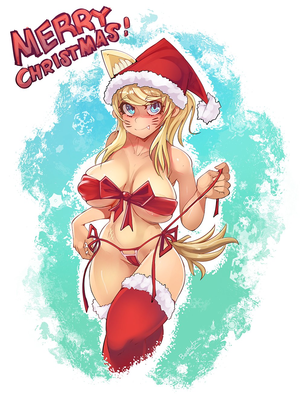 1girl 2020 alternate_breast_size alternate_costume alternate_headwear alternate_legwear animal_ear_fluff animal_ears areola_slip areolae artist_name bandeau besthetz bikini bikini_top blonde_hair blue_background blue_eyes bow bow_bikini breasts cameltoe christmas closed_mouth covered_nipples cropped_legs dated english_text extra_ears eyebrows_visible_through_hair facial_mark fang fang_out hat highres holding holding_string huge_breasts large_breasts liru long_hair maebari merry_christmas ponytail red_bow red_legwear renkin_san-kyuu_magical_pokaan santa_hat scar scar_on_stomach shaded_face sidelocks smile snowflake_background snowflakes solo standing string swimsuit tail thighhighs thighs two-tone_background underboob werewolf whisker_markings white_background wolf_ears wolf_girl