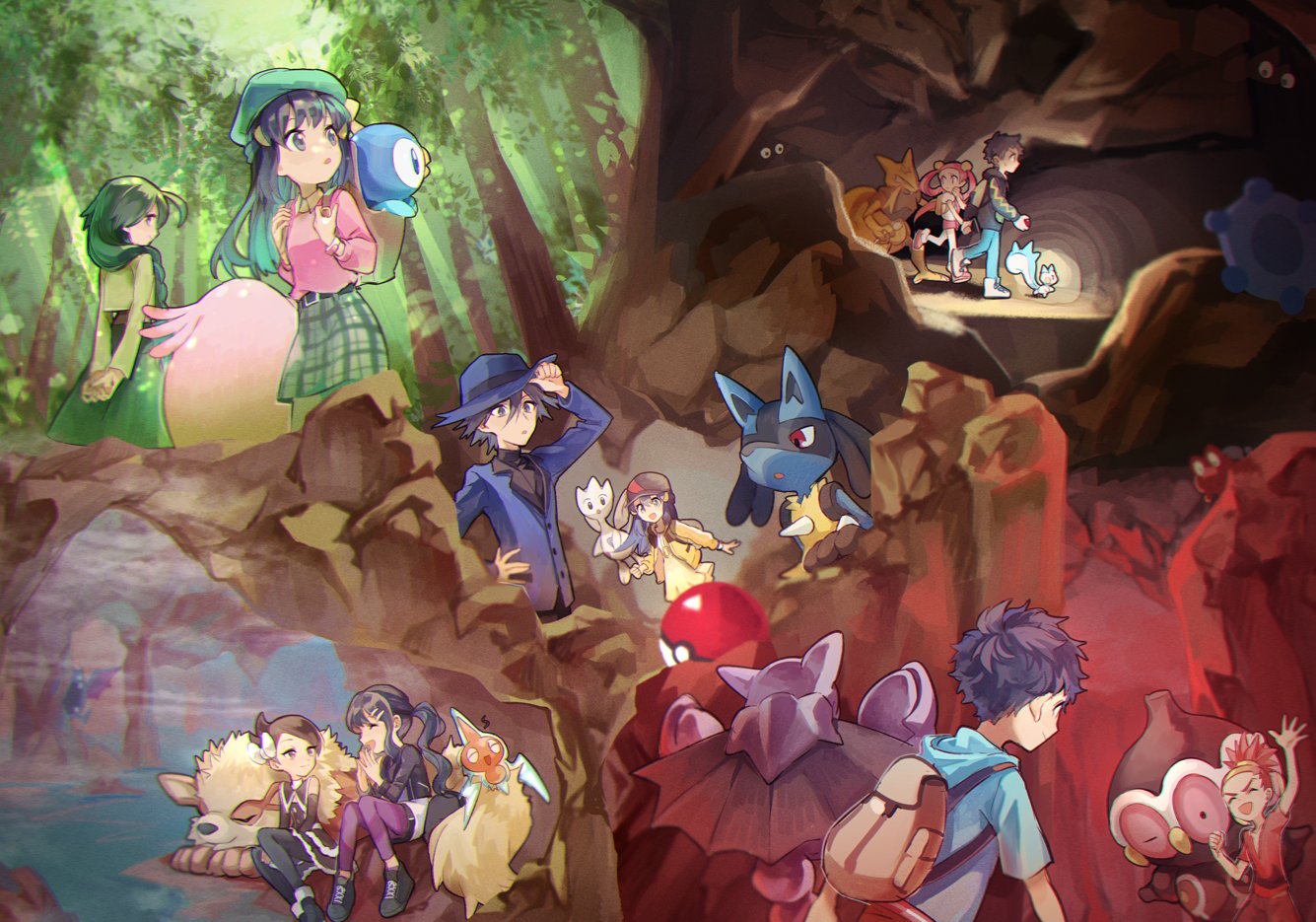 3boys 4girls :d arcanine arm_up backpack bag bangs belt black_belt black_dress black_footwear black_hair black_legwear black_shirt blue_headwear blue_jacket boots braid bronzor brown_bag buck_(pokemon) cave_interior chansey cheryl_(pokemon) claydol closed_eyes collared_shirt commentary_request dawn_(pokemon) day dress forest gliscor golbat green_hair green_headwear green_jacket green_skirt hair_between_eyes hair_ornament hair_over_shoulder hairclip hat holding_strap huan_li jacket kadabra long_hair long_sleeves lucario lucas_(pokemon) magcargo marley_(pokemon) mira_(pokemon) multiple_boys multiple_girls nature outdoors pachirisu pantyhose pink_hair pink_sweater piplup plaid plaid_skirt poke_ball poke_ball_(basic) pokemon pokemon_(creature) pokemon_(game) pokemon_bdsp ponytail red_hair riley_(pokemon) rotom rotom_(normal) shirt shoes short_dress short_hair shorts single_braid sitting skirt smile spiked_hair standing sweater togetic tree twintails