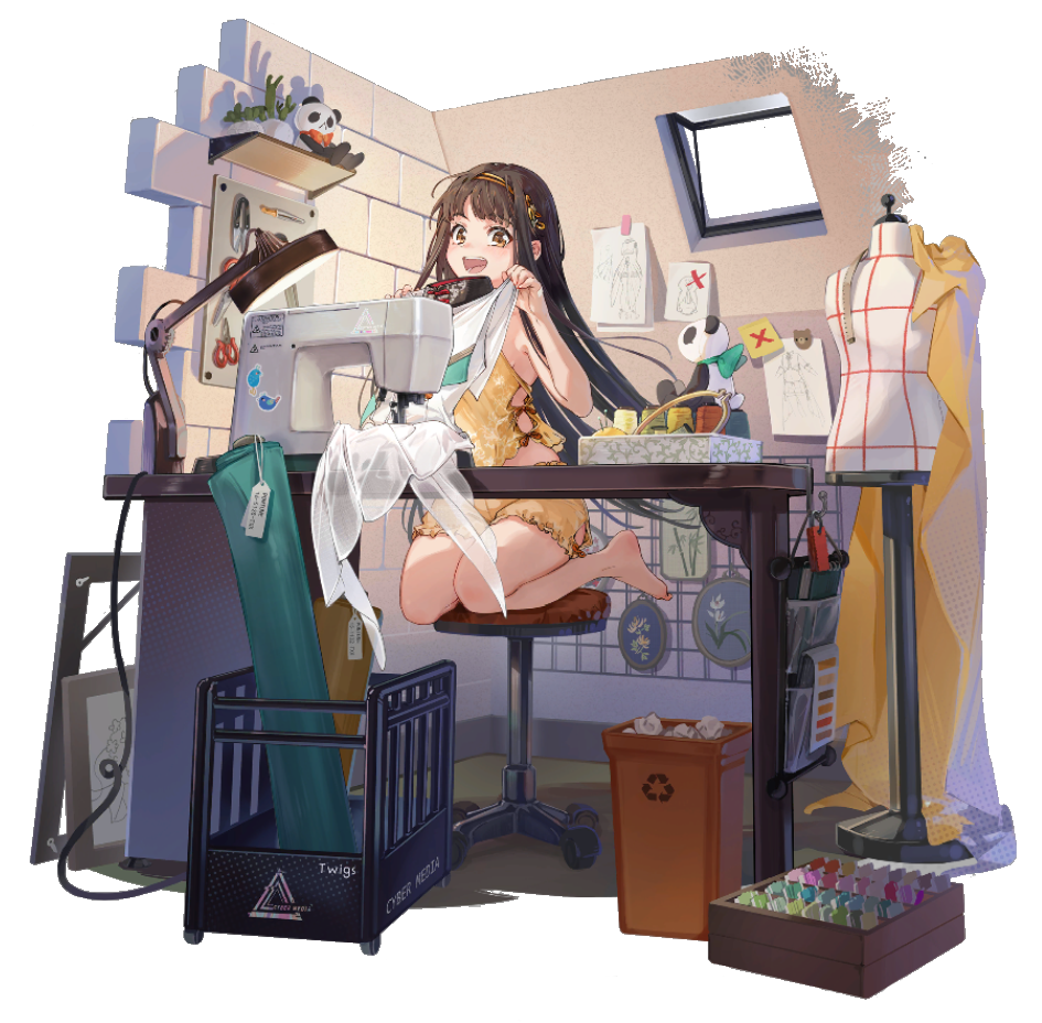 1girl :d brown_eyes brown_hair character_name desk_lamp dress embroidery_hoop fabric frilled_underwear full_body game_cg girls'_frontline girls'_frontline_neural_cloud holding holding_clothes holding_dress indoors lamp looking_at_viewer official_art on_stool qbu-88_(girls'_frontline) recycle_bin scissors sewing sewing_machine shuzi smile spool stool stuffed_animal stuffed_panda stuffed_toy tape_measure thread transparent_background underwear underwear_only white_dress window