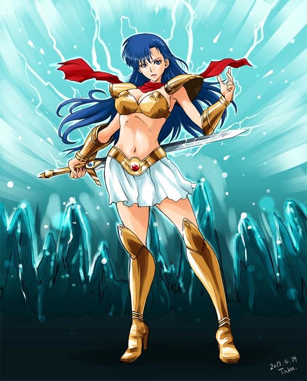 1girl armor asou_yuuko bikini_armor blue_eyes blue_hair boots breasts cleavage commentary_request gem gold gold_armor high_heel_boots high_heels holding holding_sword holding_weapon long_hair looking_at_viewer medium_breasts metal midriff miniskirt mugen_senshi_valis navel red_scarf scarf shoulder_pads skirt standing stomach sword taka_(jungle_web!) valis vambraces warrior weapon white_skirt