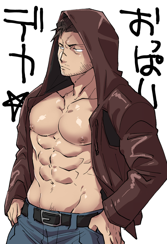 1boy abs bara bare_pectorals belt black_hair black_pants brown_jacket detroit:_become_human facial_hair gavin_reed hood hood_up hooded_jacket jacket large_pectorals male_focus muscular muscular_male navel nipples open_clothes open_jacket pants pectorals scar scar_on_face scar_on_nose short_hair solo stubble sugo6969 translation_request